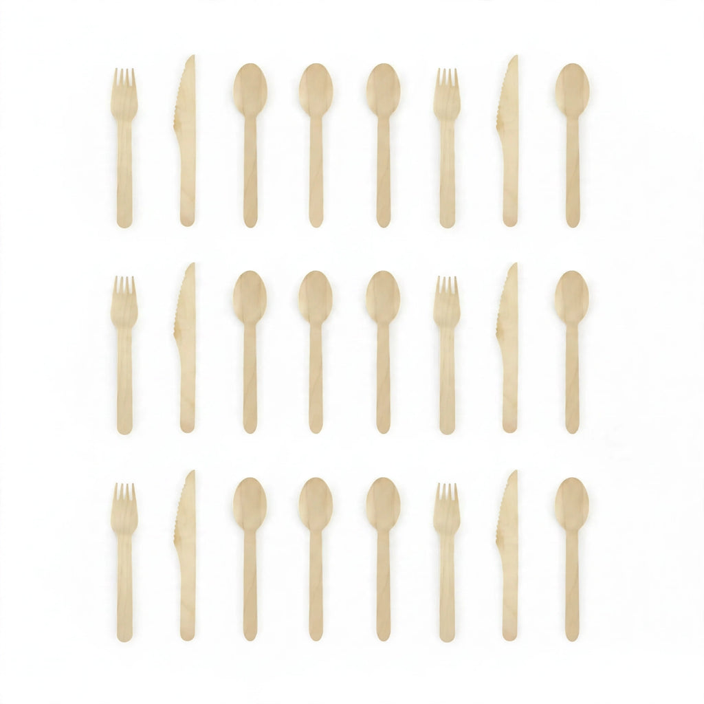Eco Wooden Cutlery 18-piece set with knives spoons and forks made from compostable birchwood