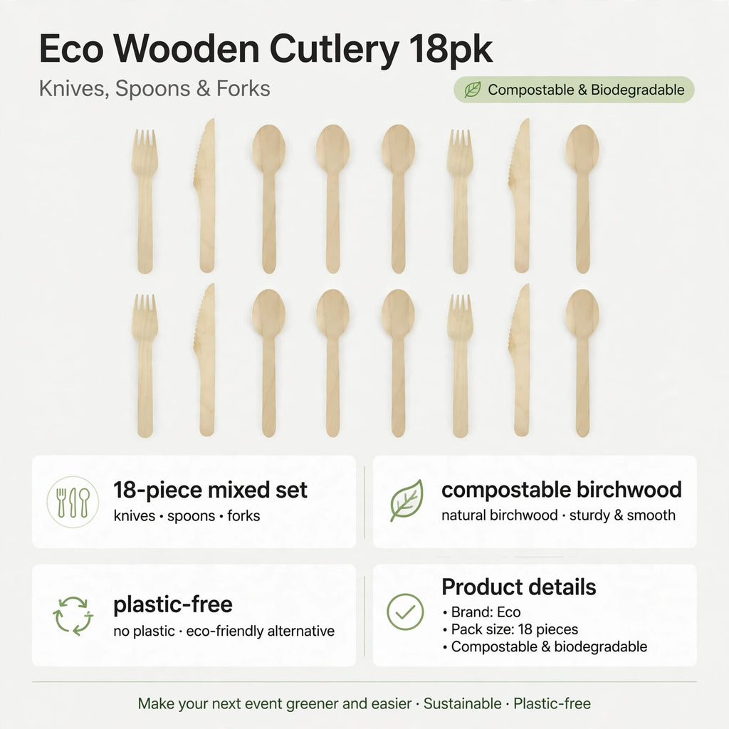 Infographic showing 18-piece set of compostable birchwood knives spoons and forks that are plastic-free
