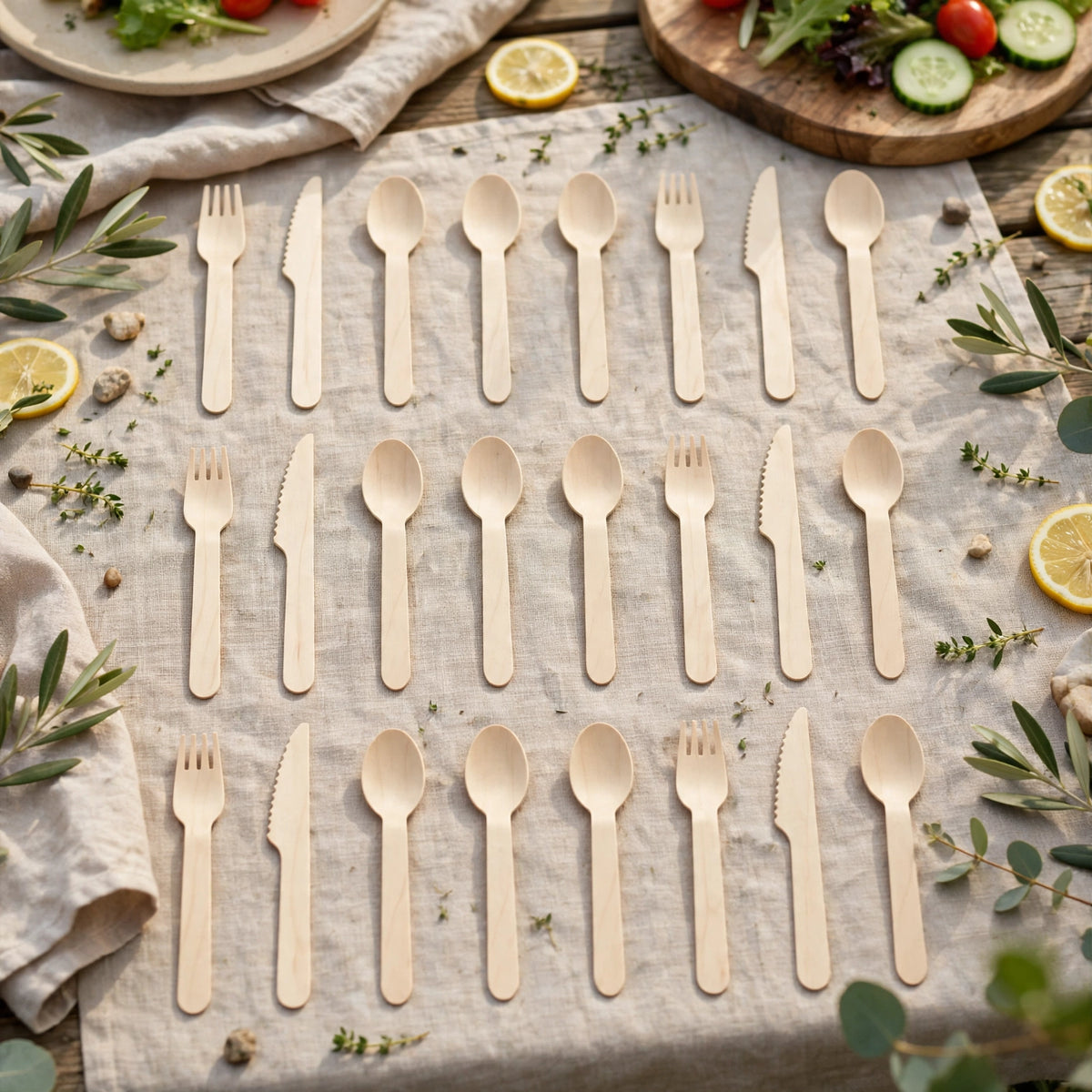 Eco Wooden Cutlery set displayed for use at a party or gathering