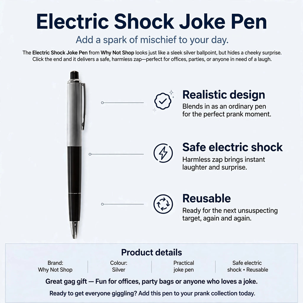 Electric Shock Joke Pen features realistic design, safe electric shock, and reusable function
