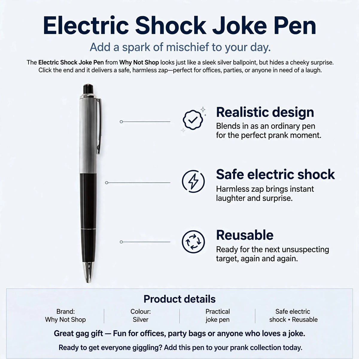 Electric Shock Joke Pen features realistic design, safe electric shock, and reusable function
