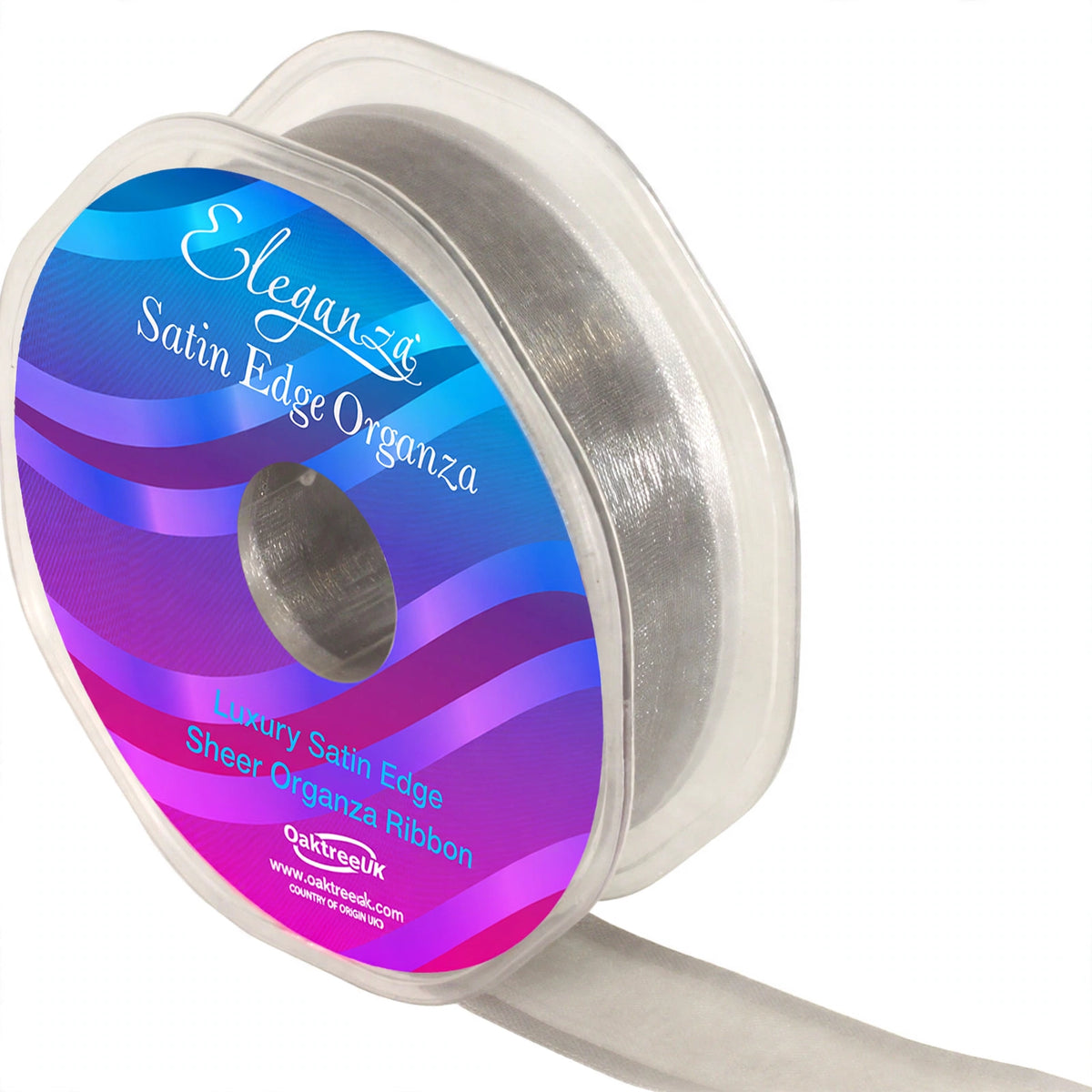 Eleganza Satin Edge Organza ribbon in Silver No.24 showing 25mm width and satin edges