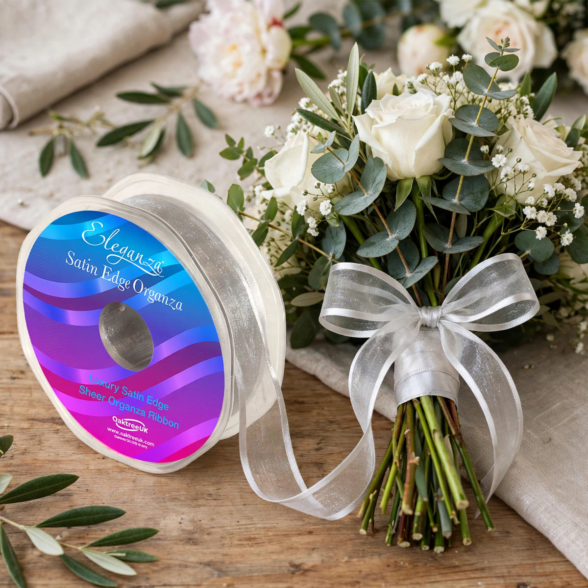 Eleganza Satin Edge Organza ribbon used to decorate gifts and bouquets for weddings or special occasions