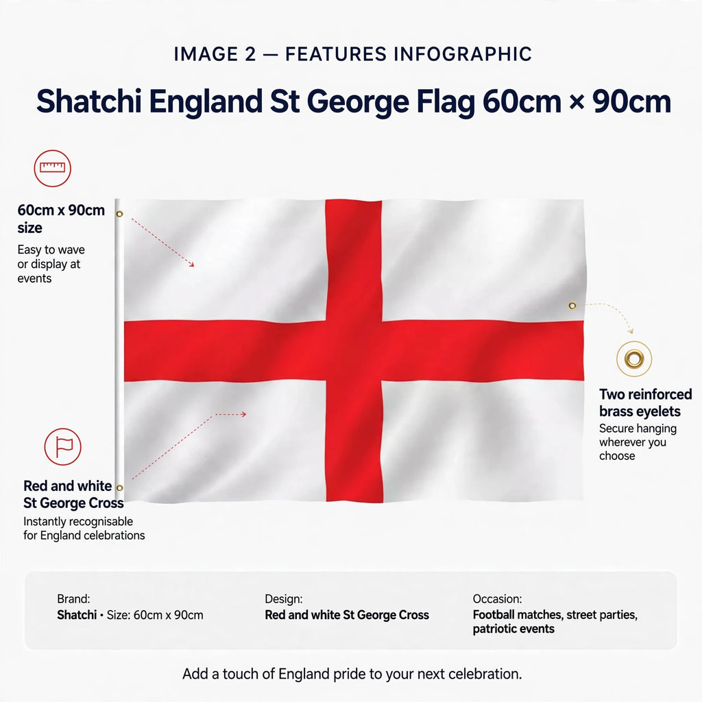 Infographic showing 60cm by 90cm size, red and white St George Cross design, and two reinforced brass eyelets