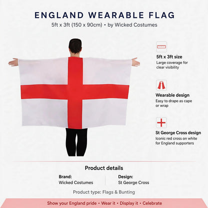 Infographic showing 5ft x 3ft size, wearable design, and St George Cross