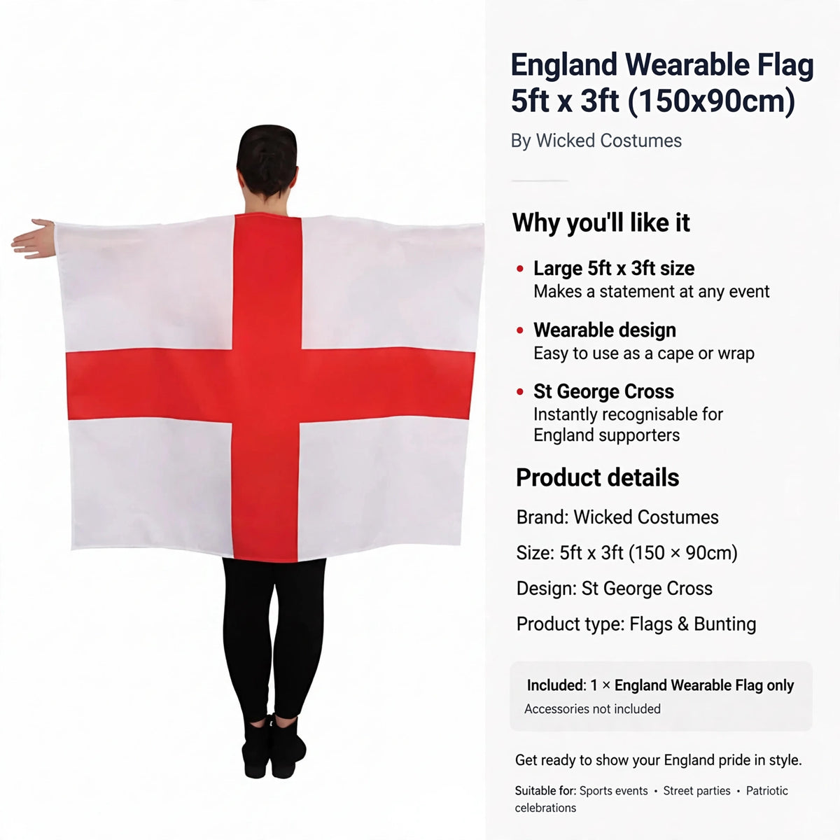 England Wearable Flag sized 5ft x 3ft suitable for wearing or display