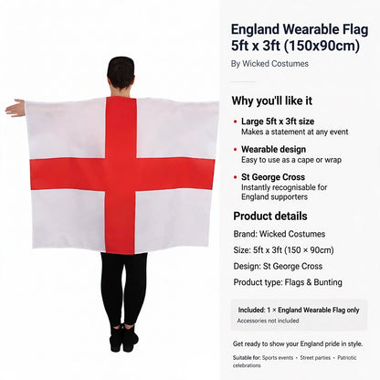 England Wearable Flag sized 5ft x 3ft suitable for wearing or display