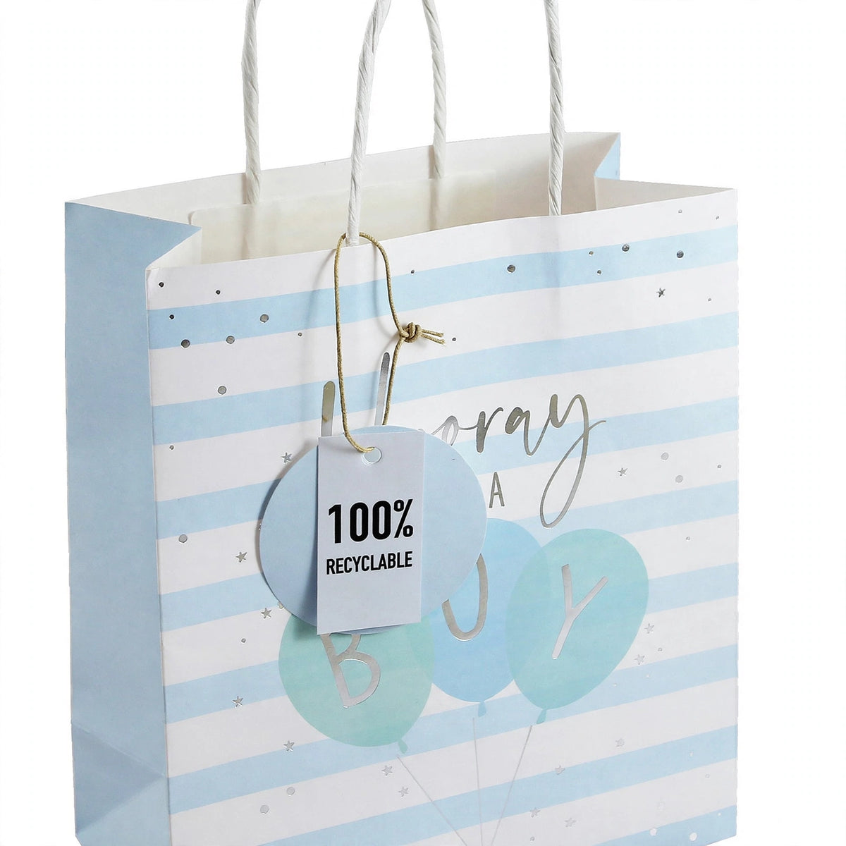 Close-up view of Eurowrap Hooray Baby Boy medium gift bag design and message