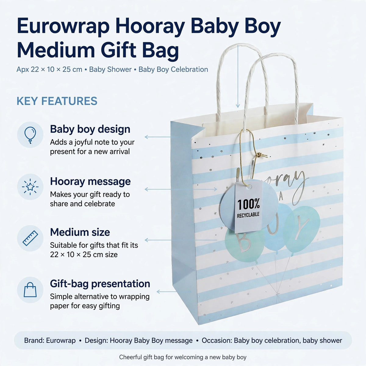 Infographic showing baby boy design, Hooray message, medium size 22 x 10 x 25 cm, and gift-bag presentation