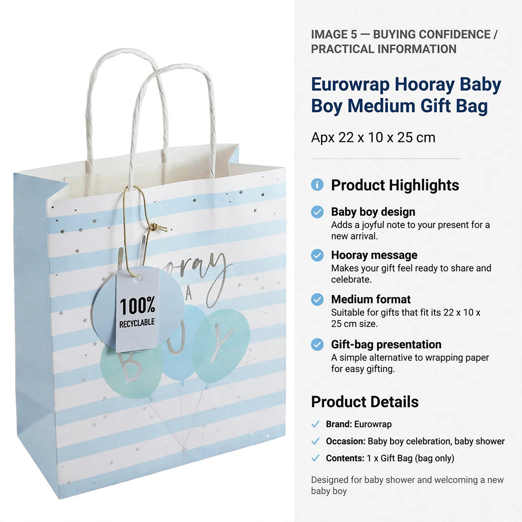 Information on medium size 22 x 10 x 25 cm and suitability for baby boy gifts