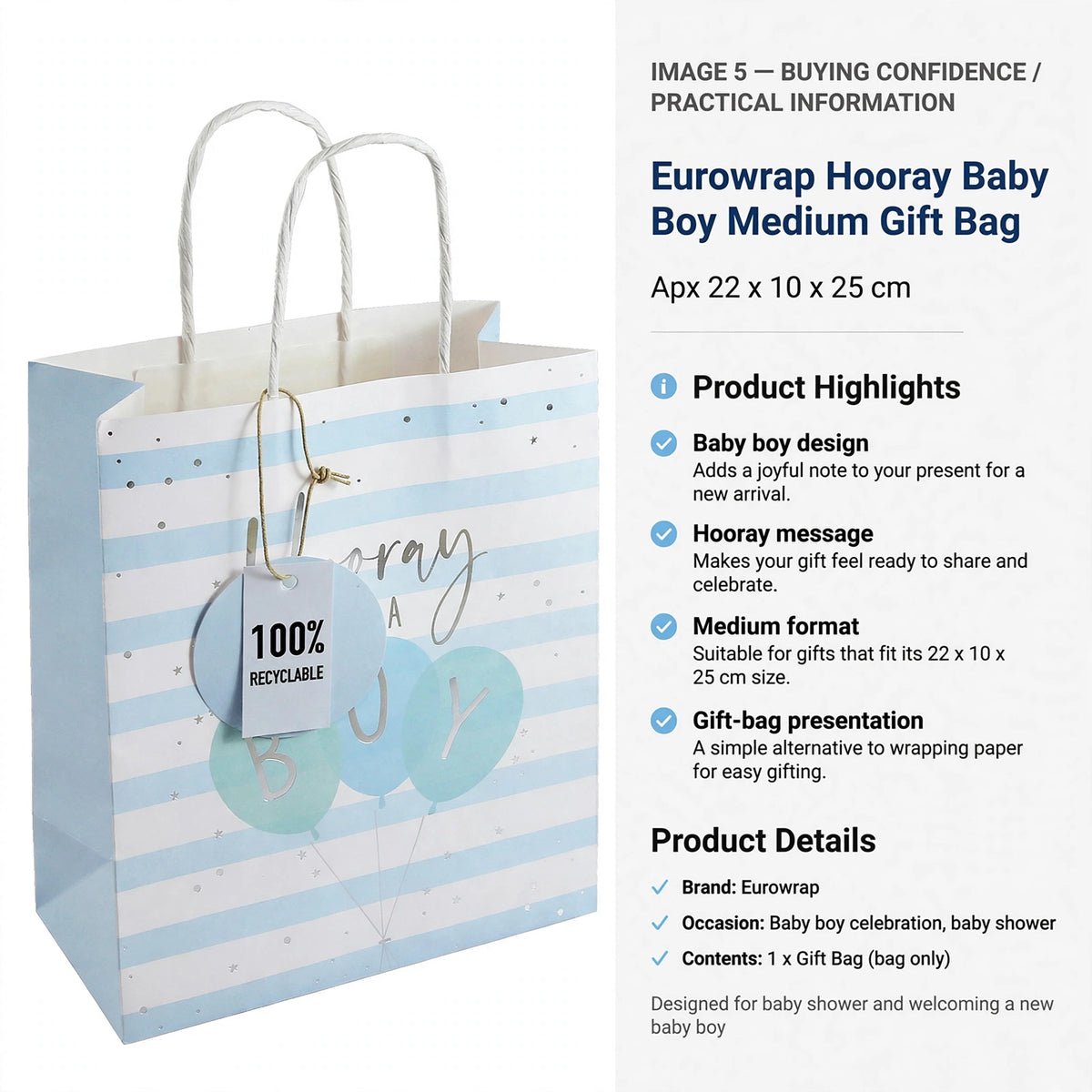 Information on medium size 22 x 10 x 25 cm and suitability for baby boy gifts