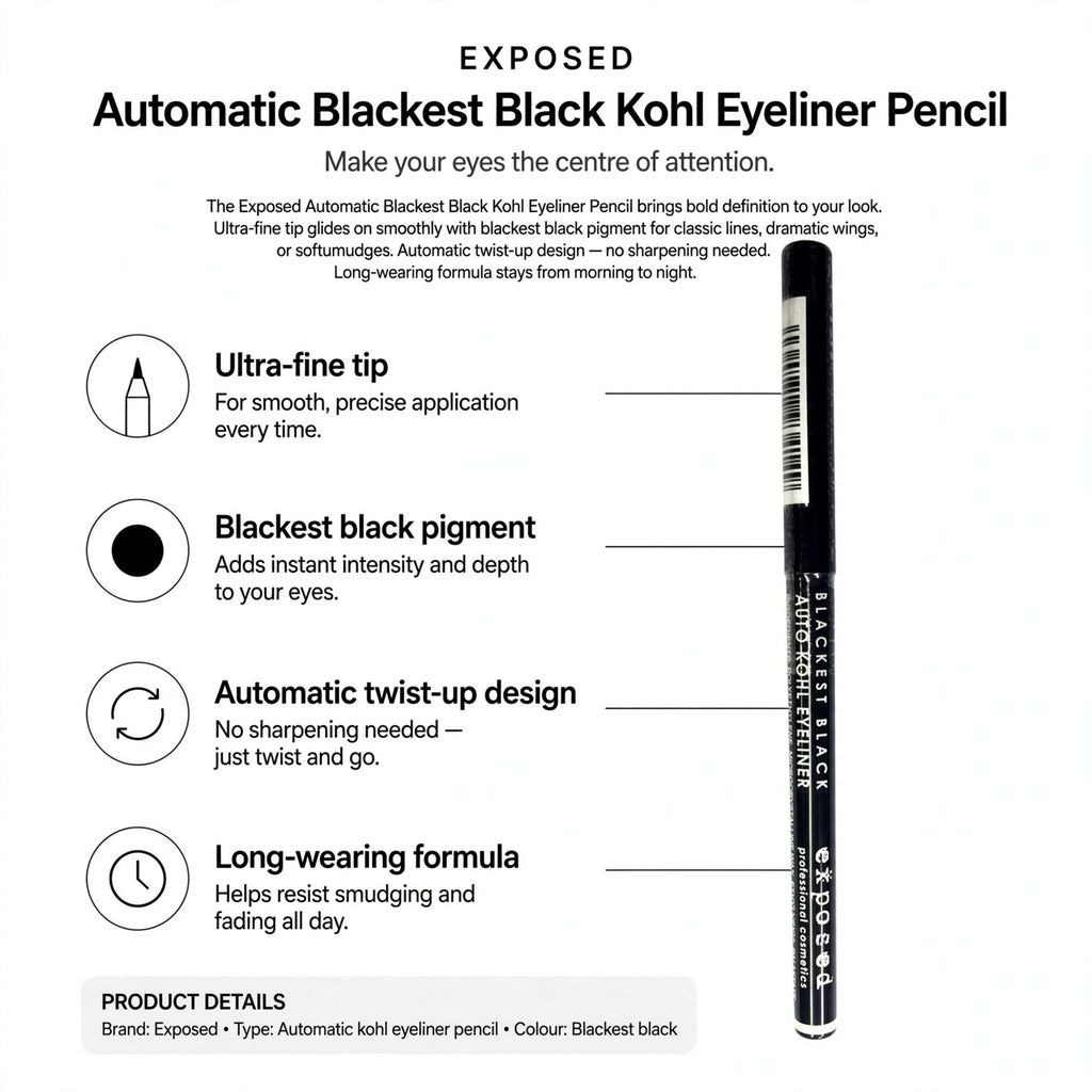 Infographic showing ultra-fine tip, blackest black pigment, automatic twist-up design, and long-wearing formula
