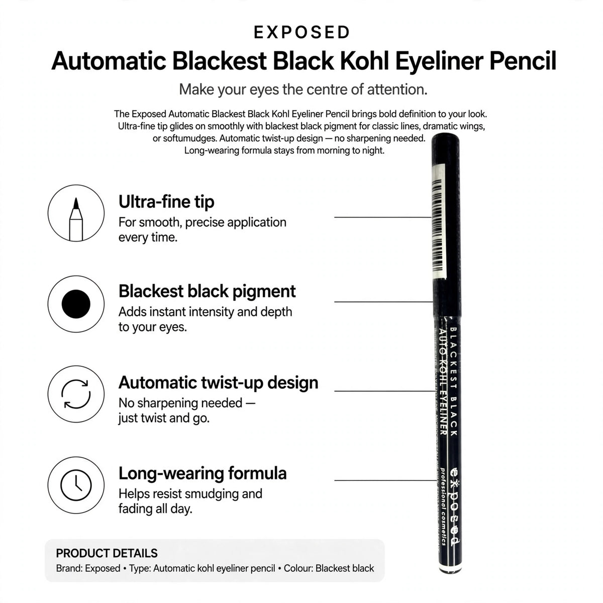 Infographic showing ultra-fine tip, blackest black pigment, automatic twist-up design, and long-wearing formula