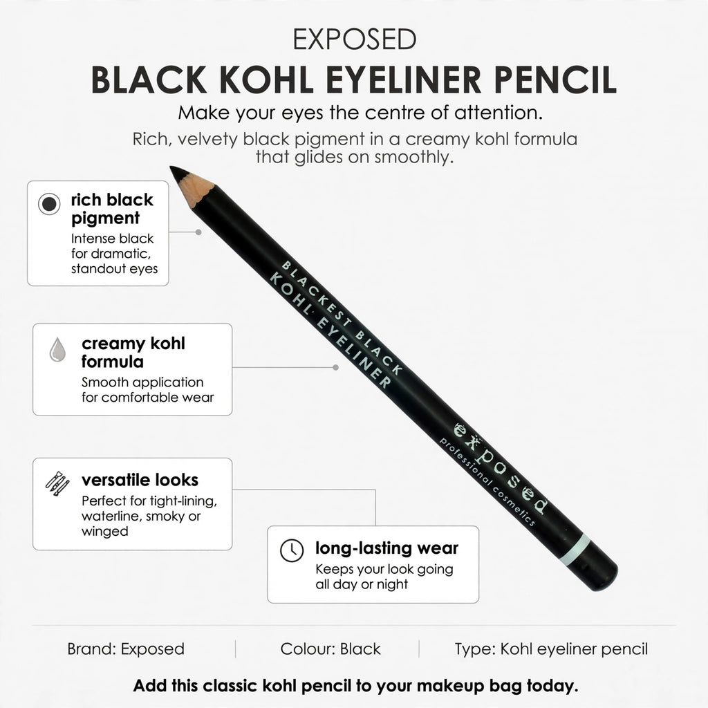 Infographic showing rich black pigment, creamy kohl formula, versatile looks, and long-lasting wear