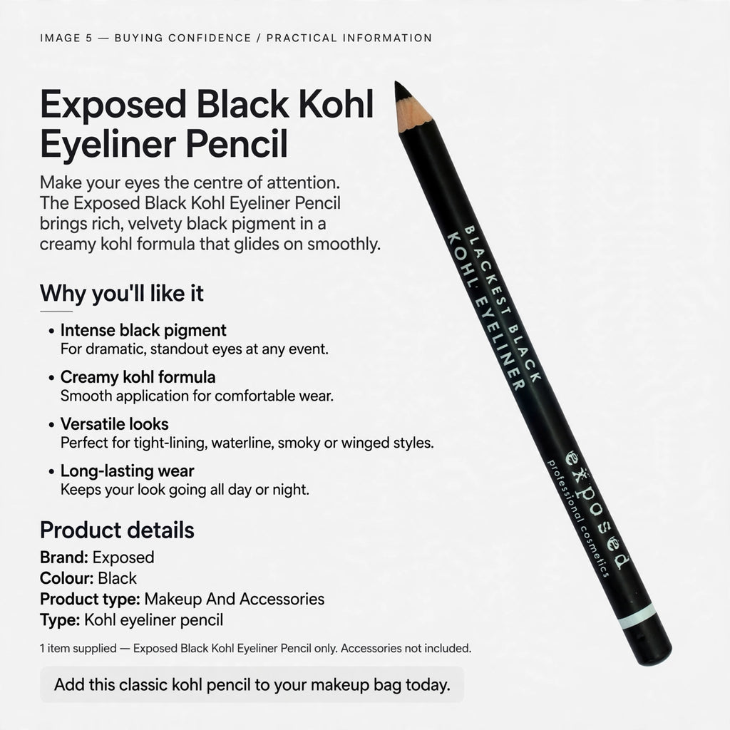 Information about intense black pigment, smooth application, versatile styles, and long-lasting wear