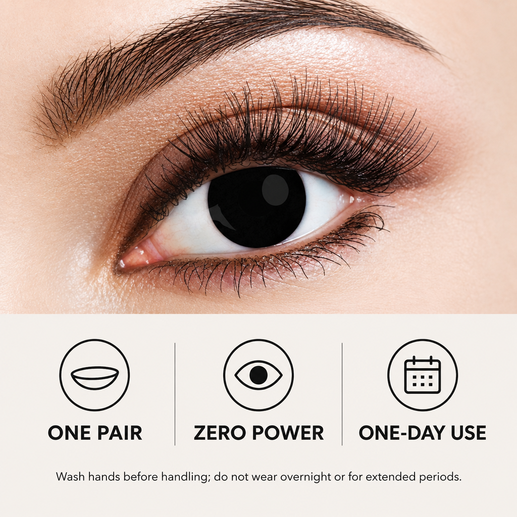 Close-up of a human eye wearing long, dark false eyelashes, with three feature icons and text below reading One Pair, Zero Power, and One-Day Use, plus a hand-washing reminder.