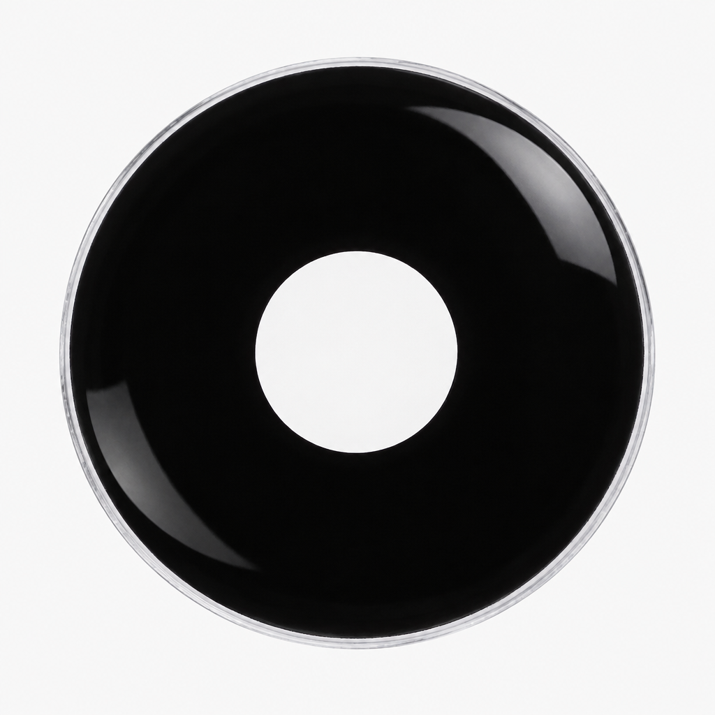 A glossy black circular ring with a silver-toned outer rim, centered on a plain white background.