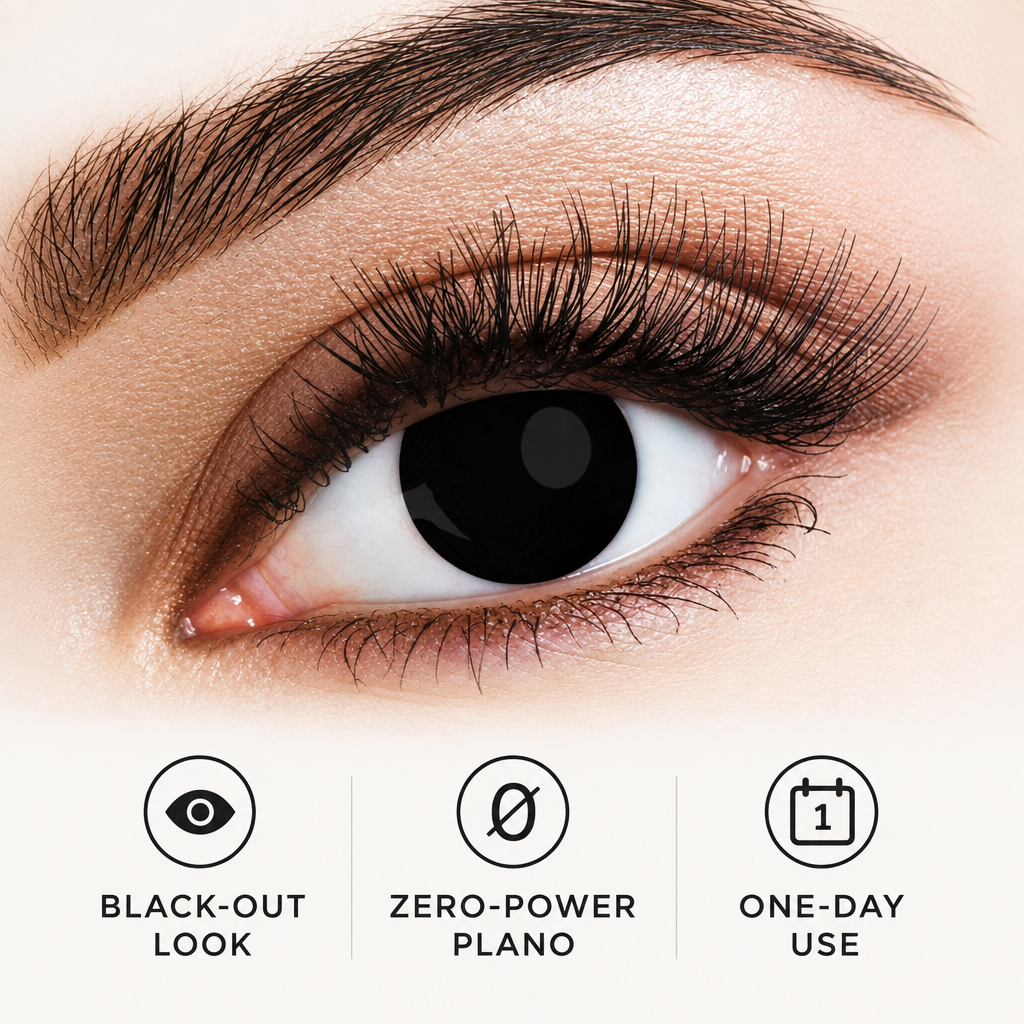 Close-up of a human eye wearing a black contact lens with long eyelashes, plus three feature icons and text reading 'BLACK-OUT LOOK', 'ZERO-POWER PLANO', and 'ONE-DAY USE'.