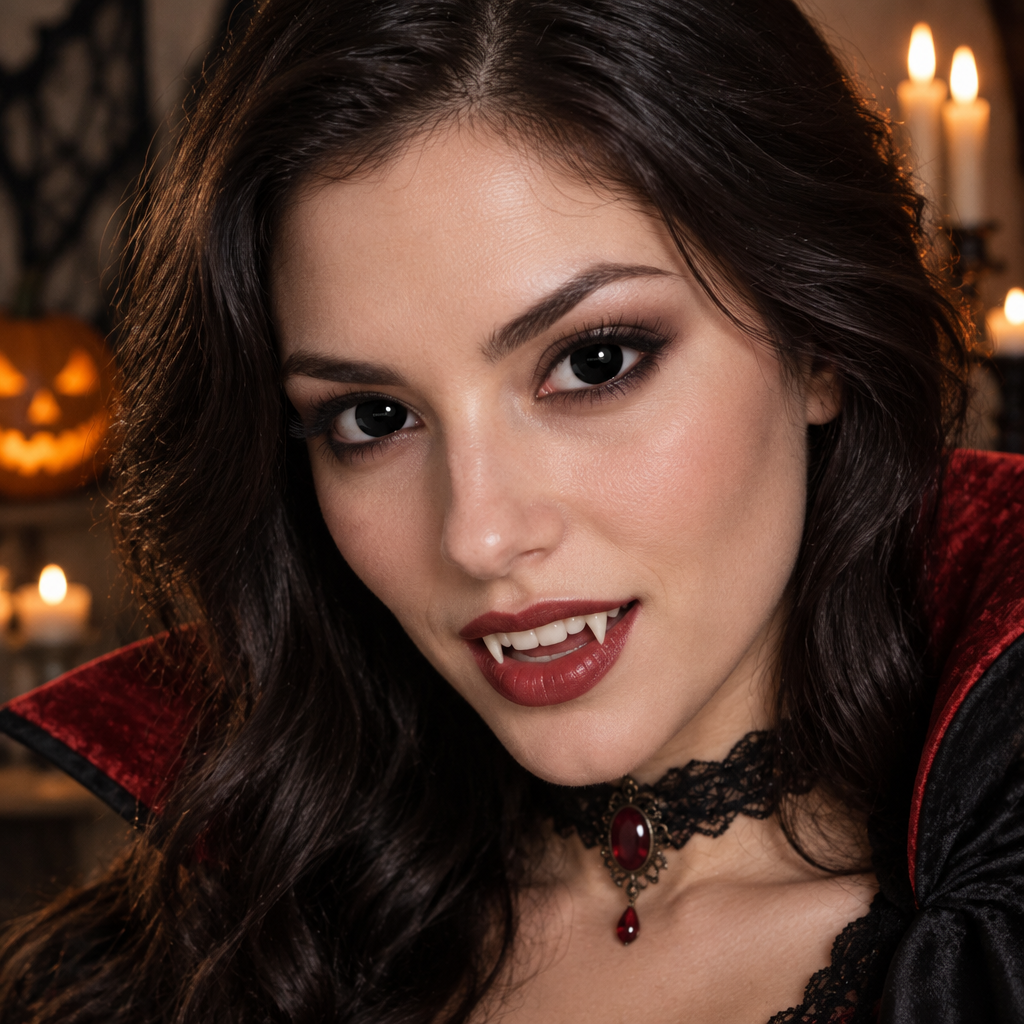 A close-up portrait of a woman with long dark wavy hair, wearing a black lace choker with a red jewel and a vampire-style costume with a red velvet collar, posed in a dimly lit Halloween setting with candles and a jack-o'-lantern in the background.