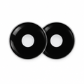 Two round black contact lens-shaped pieces with a glossy finish and a silver rim, displayed on a clean white background.