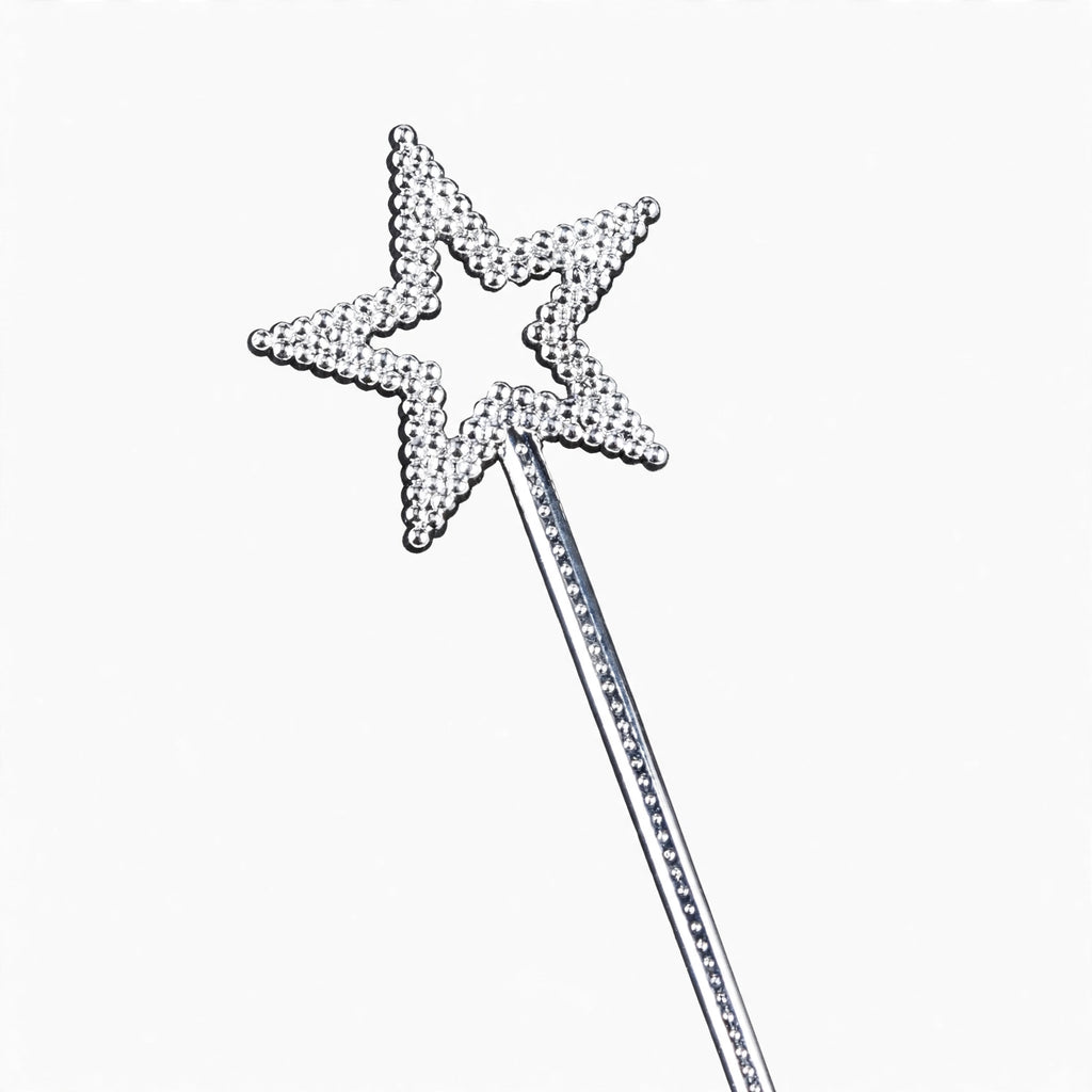close-up view of silver plastic fairy wand