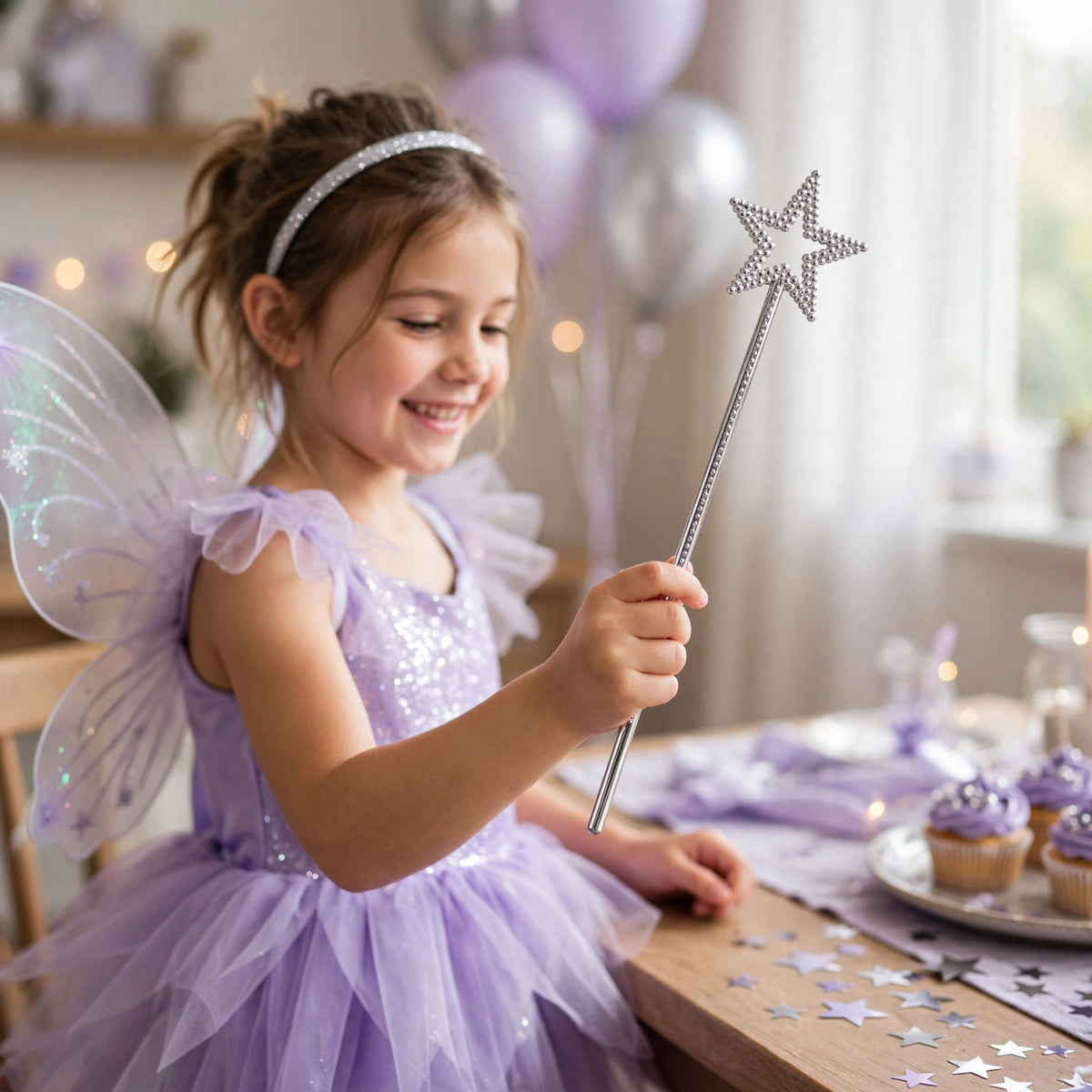 silver plastic fairy wand used as accessory for fairy fancy dress and birthday parties
