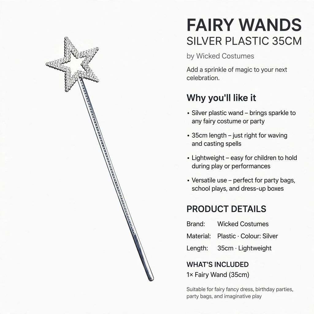 silver plastic wand suitable for fairy fancy dress, birthday parties, party bags, and imaginative play