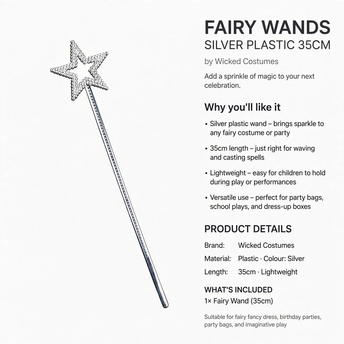 silver plastic wand suitable for fairy fancy dress, birthday parties, party bags, and imaginative play