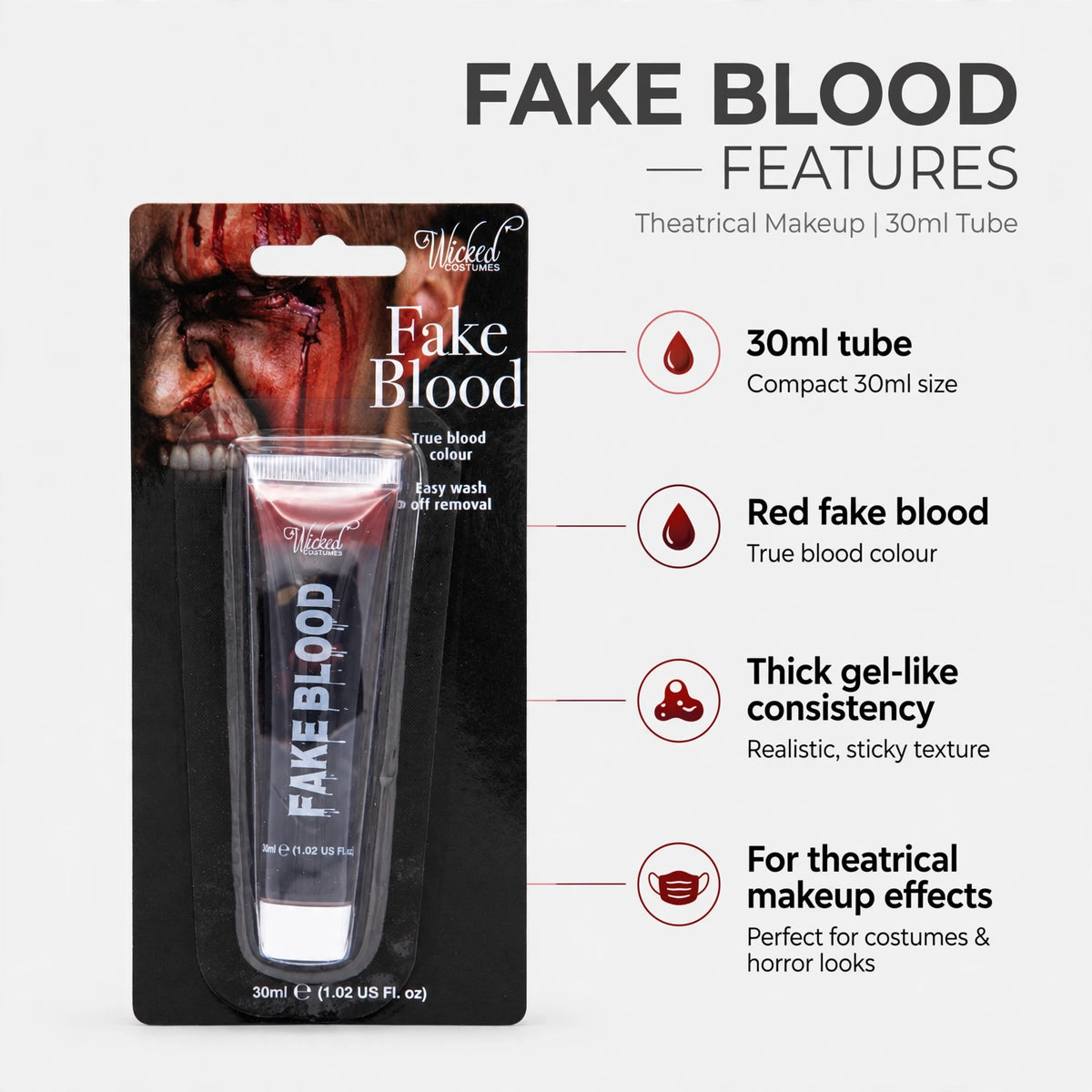 Features of Wicked Costumes fake blood including red color and gel-like consistency