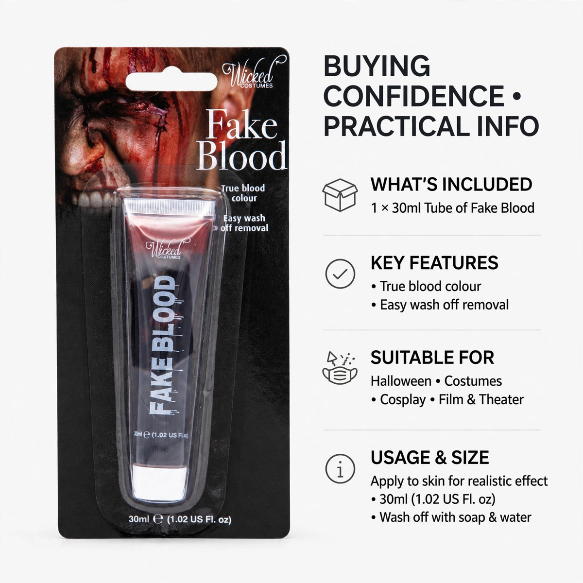 Practical information about using the 30ml Wicked Costumes fake blood for costumes