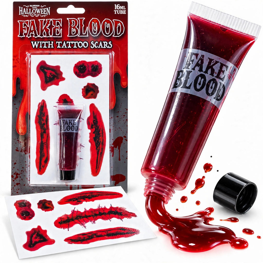 Close-up view of fake blood and temporary tattoo scars from Henbrandt set