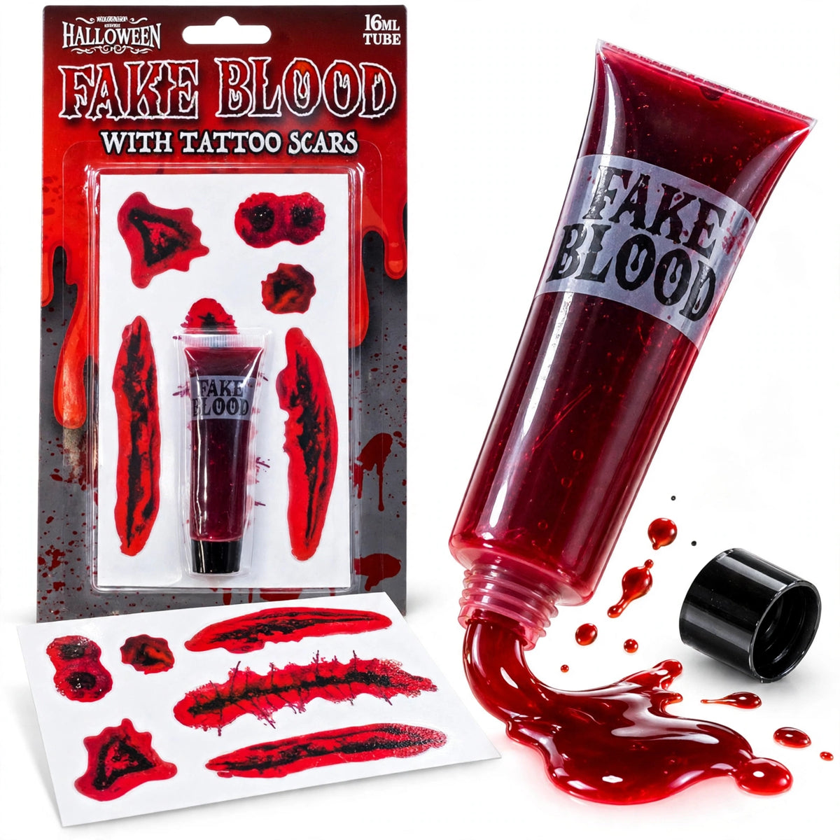 Henbrandt fake blood with temporary tattoo scars set for Halloween