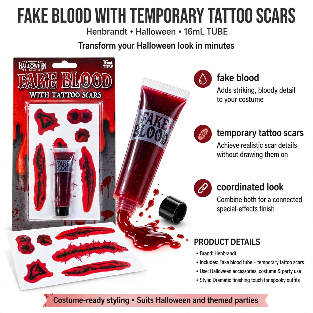 Infographic showing fake blood and temporary tattoo scars features