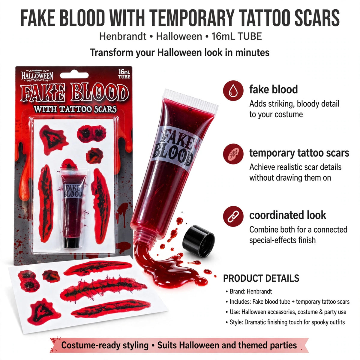 Infographic showing fake blood and temporary tattoo scars features