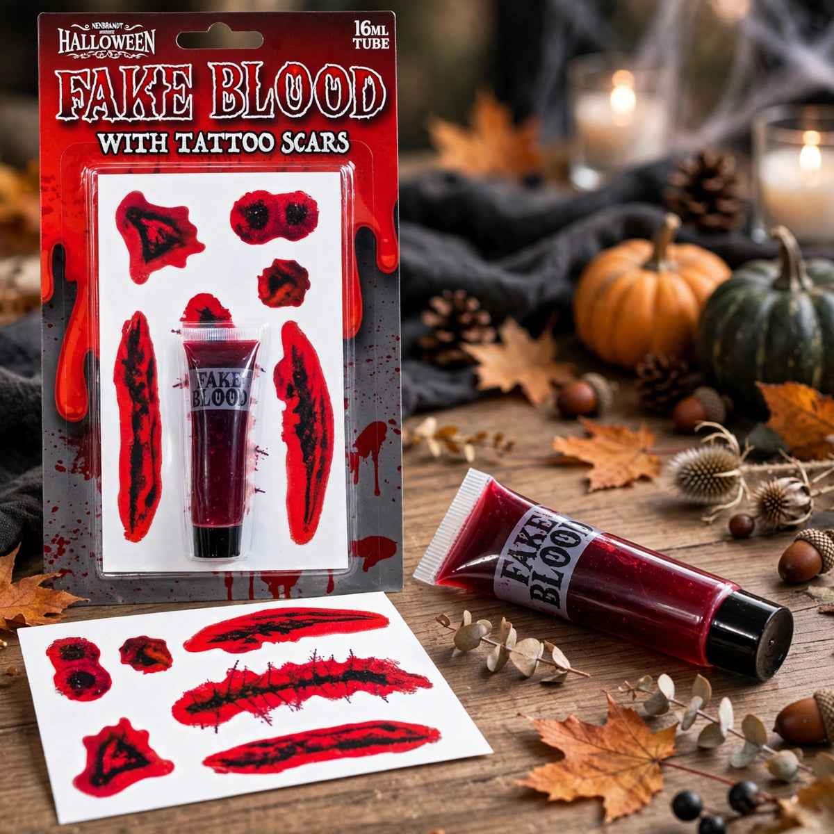 Fake blood and temporary tattoo scars applied for a Halloween costume