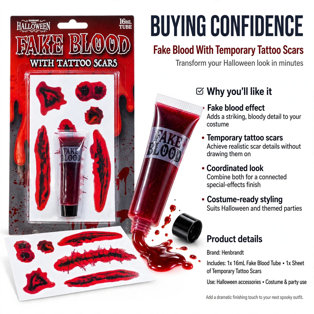 Fake blood and temporary tattoo scars for Halloween and costume party use