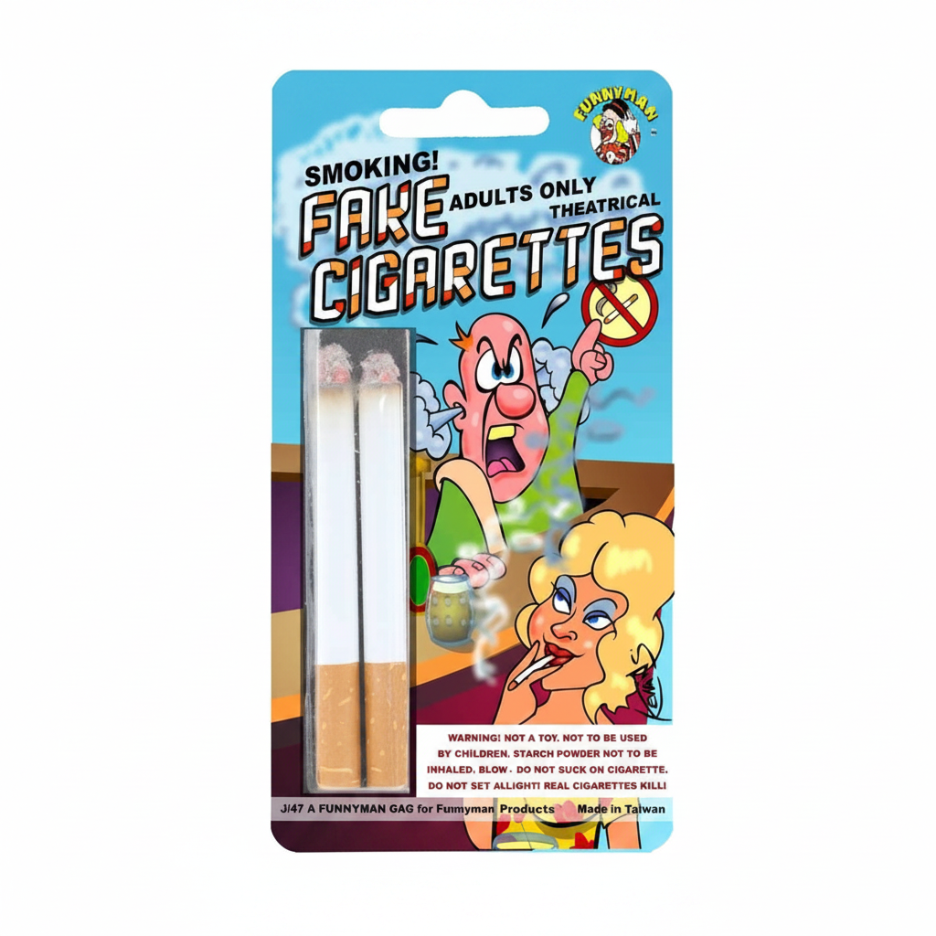 Funnyman fake smoking joke cigarettes pack of 2 in blister card packaging on white background, hero shot