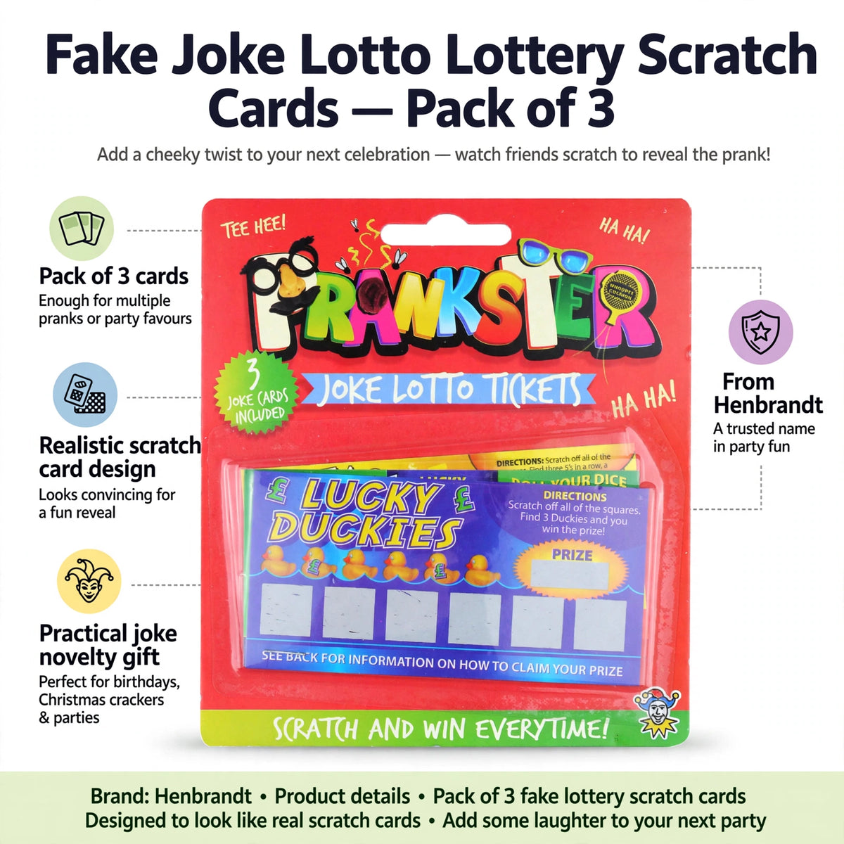 Infographic showing pack of 3 fake lottery scratch cards designed to look like real scratch cards