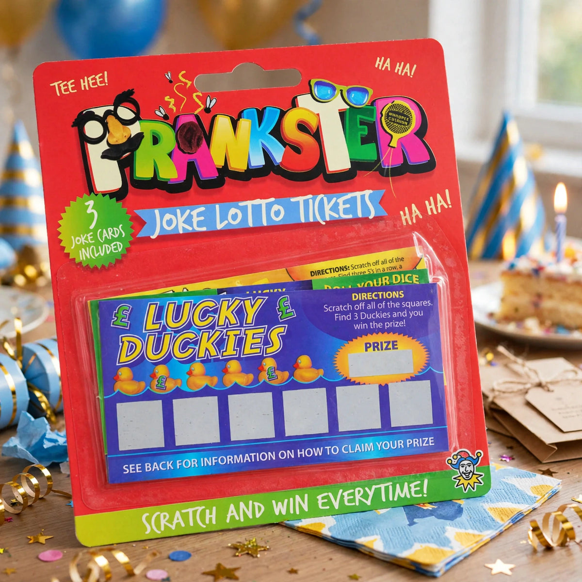 Fake joke lotto lottery scratch cards used as party favors or in Christmas crackers
