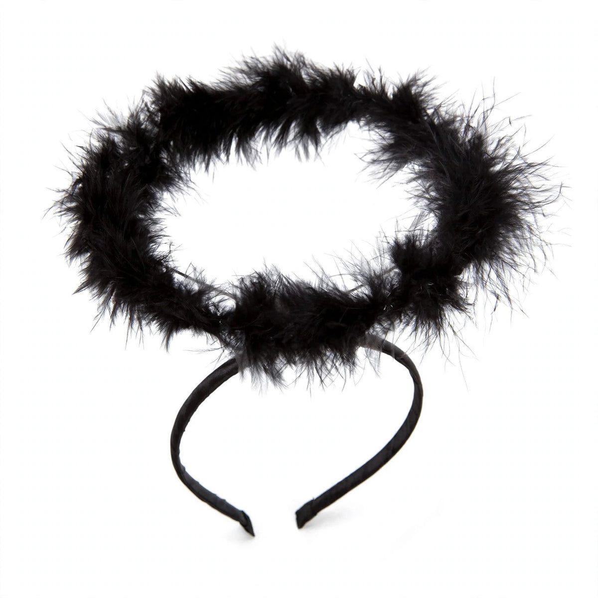 Detail view of the Black Feather Fallen Angel Halo Headpiece showcasing its design