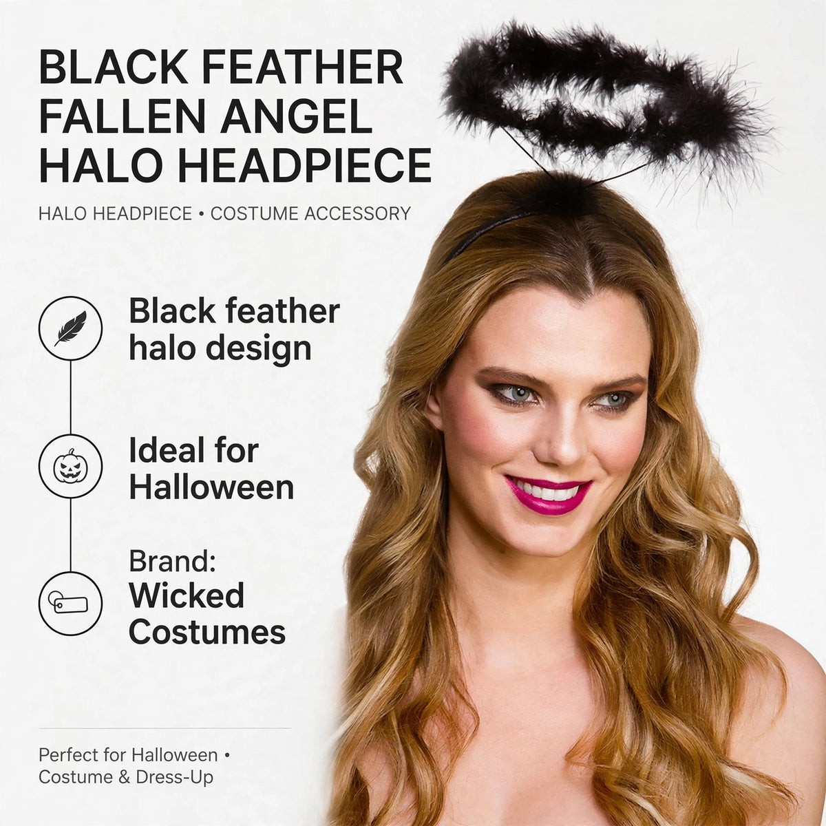 Features of the Black Feather Fallen Angel Halo Headpiece, highlighting black feather design