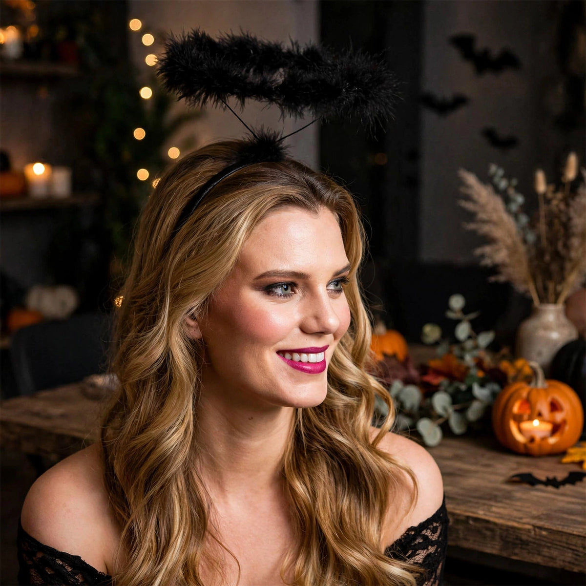 Black Feather Fallen Angel Halo Headpiece worn as part of a costume for Halloween