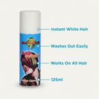 Feature infographic of the Party Success white temporary hair colour spray with callout labels