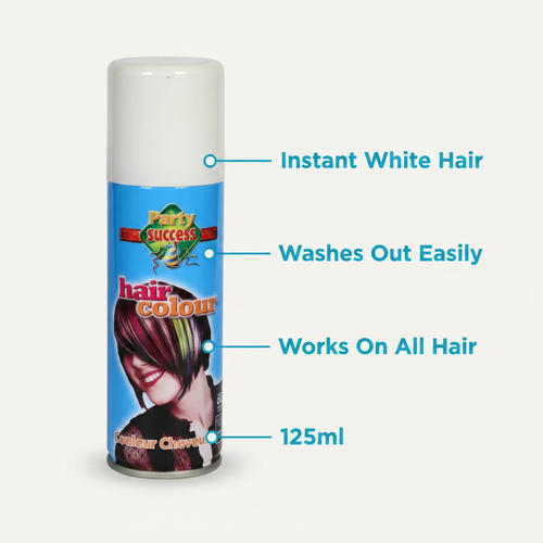 Feature infographic of the Party Success white temporary hair colour spray with callout labels