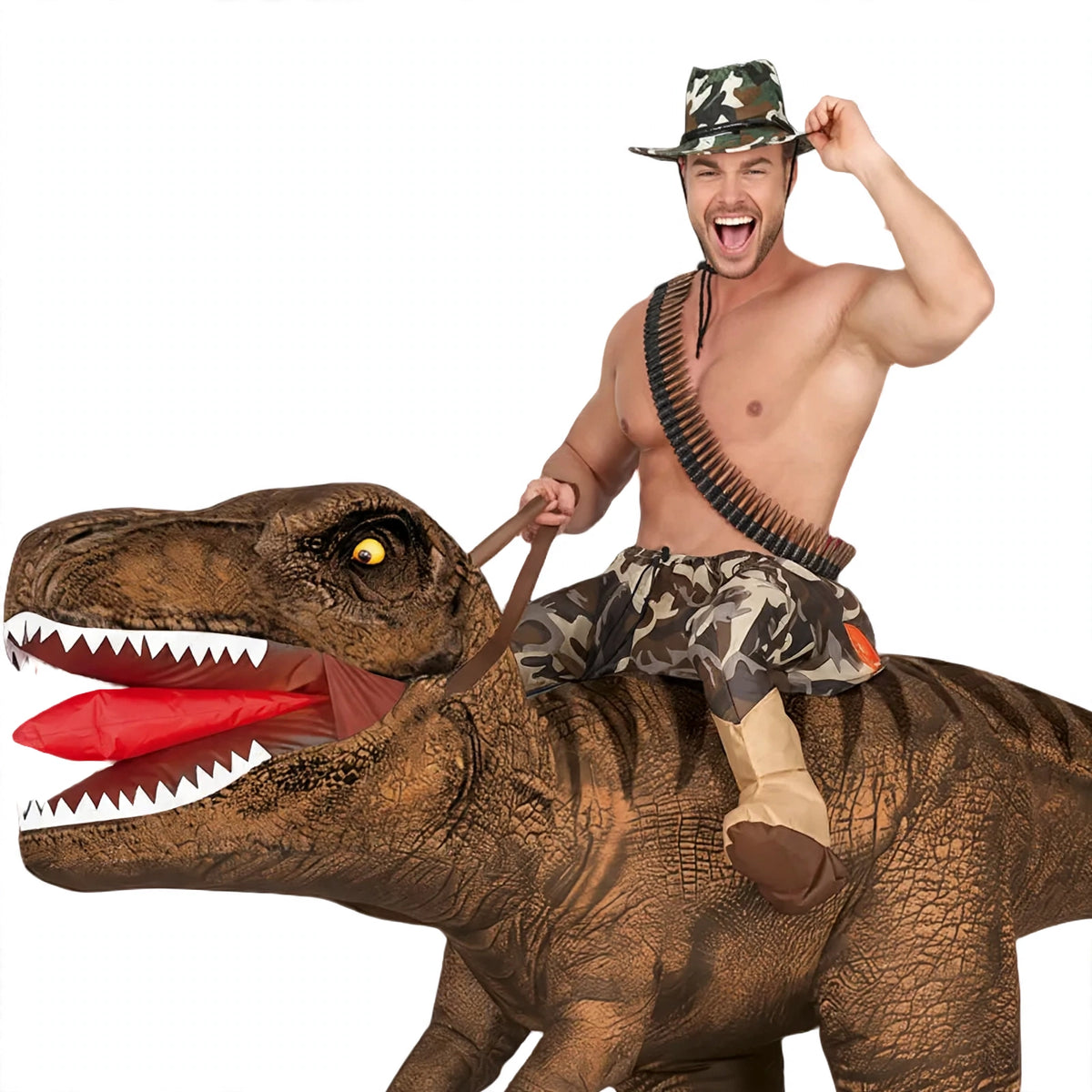Close-up view of inflatable Dino Rex shoulders costume worn over shoulders