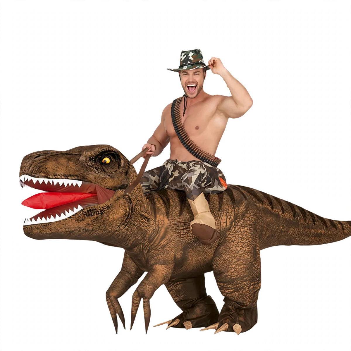 Fiestas Guirca inflatable Dino Rex shoulders costume for adults showing dinosaur body over shoulders