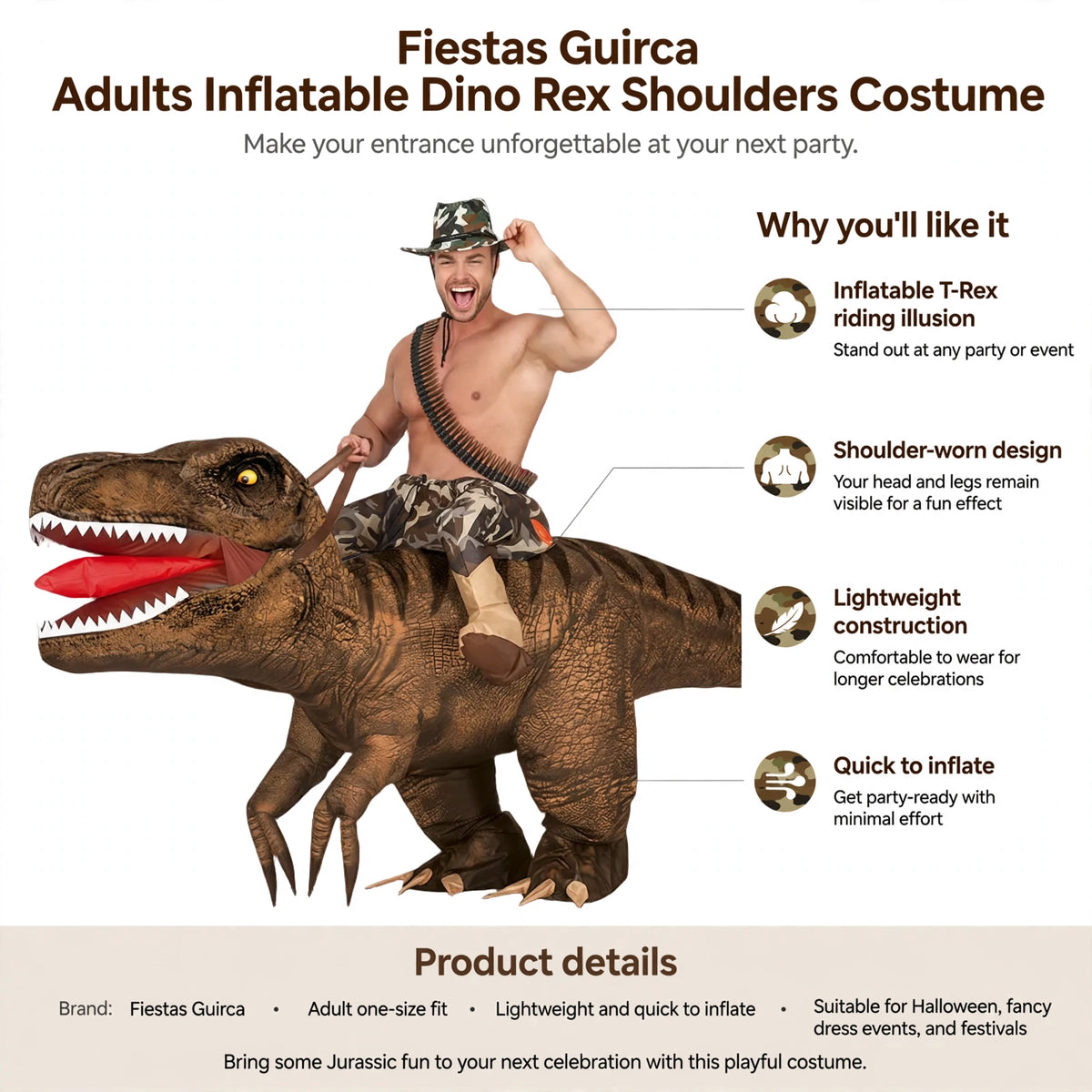 Infographic showing inflatable T-Rex riding illusion, shoulder-worn design, lightweight and quick inflation features