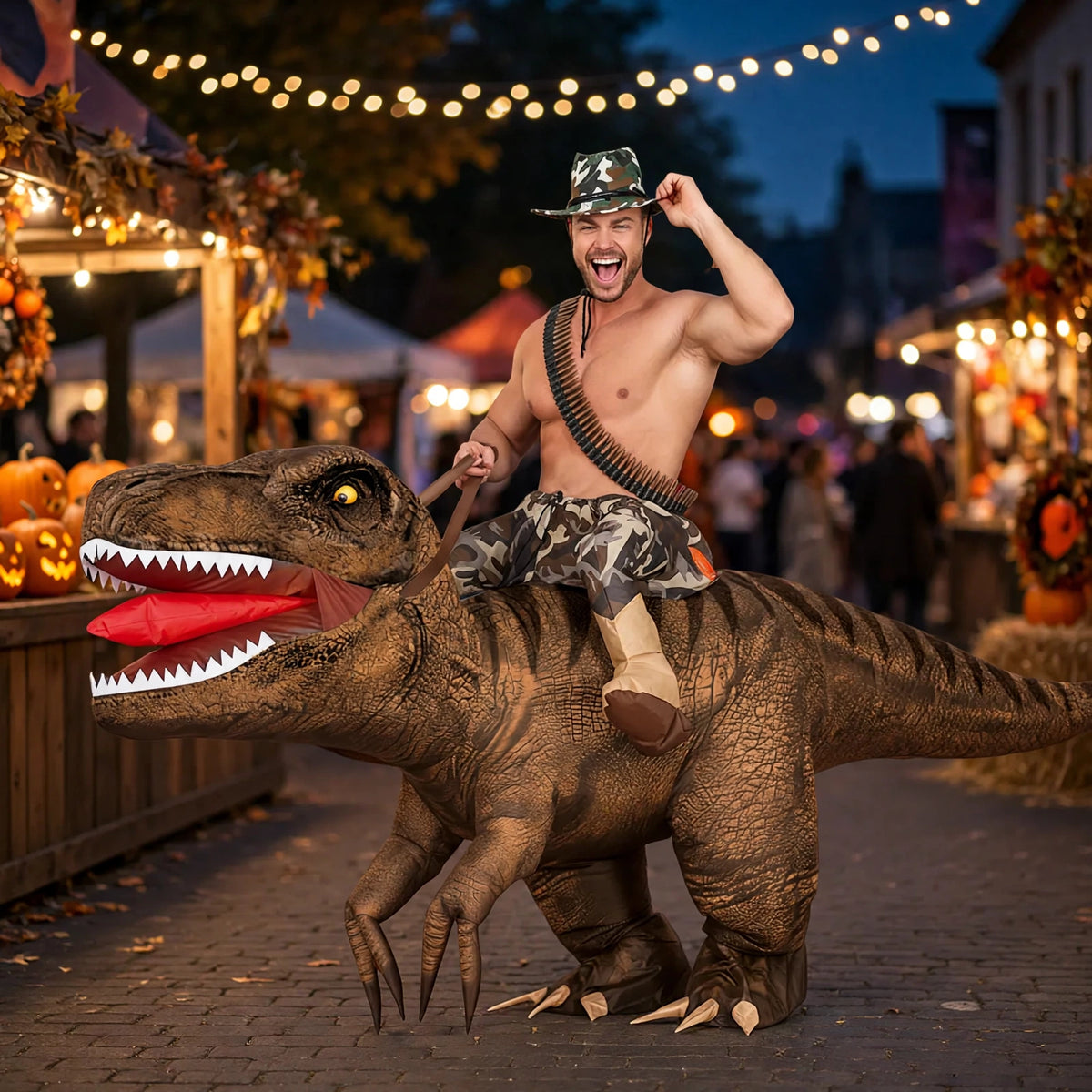 Person wearing Fiestas Guirca inflatable Dino Rex shoulders costume at a party or festival