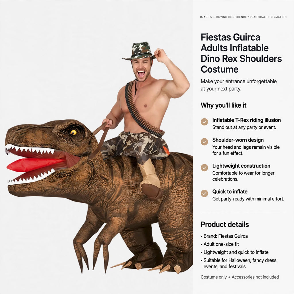 Fiestas Guirca inflatable Dino Rex shoulders costume suitable for Halloween, fancy dress events, and festivals