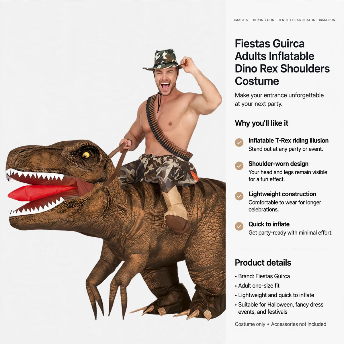 Fiestas Guirca inflatable Dino Rex shoulders costume suitable for Halloween, fancy dress events, and festivals
